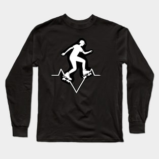 Roller Skate line drawing and heartbeat in white for skaters and roller derby fans Long Sleeve T-Shirt